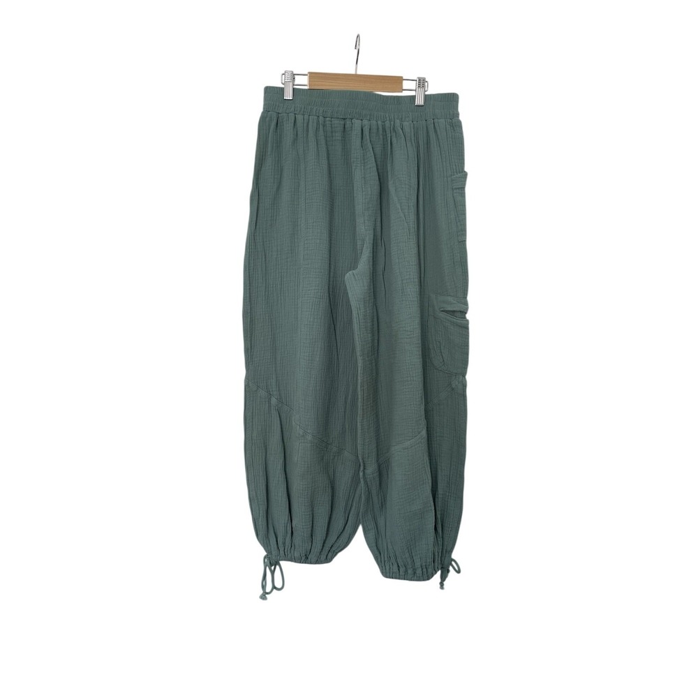 Entro Pants Sage Green L Cotton Gauze Balloon Cargo Boho Lagenlook Elastic Waist - Picture 2 of 11